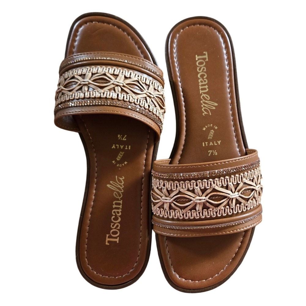 Toscanella Slide Sandals Women 7.5 Tan New Woven Macrame Rhinestone Italy - Picture 2 of 5